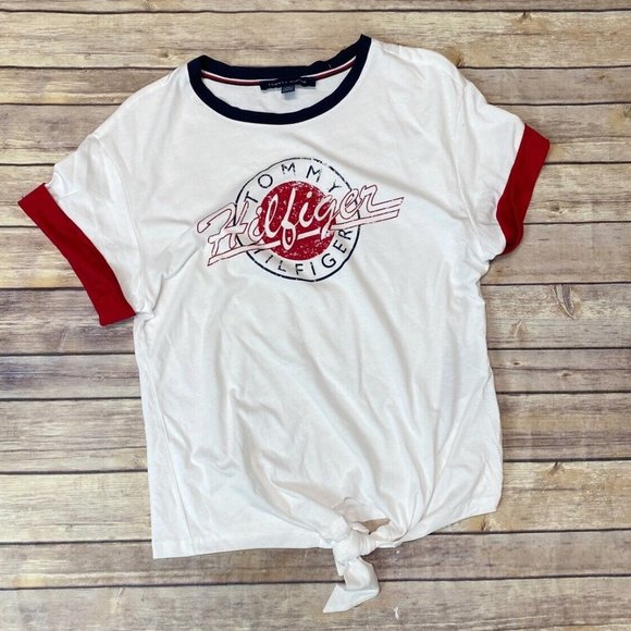 Tommy Hilfiger White/Red Short Sleeve Logo Tie-Front Tee XS/S - Picture 2 of 6